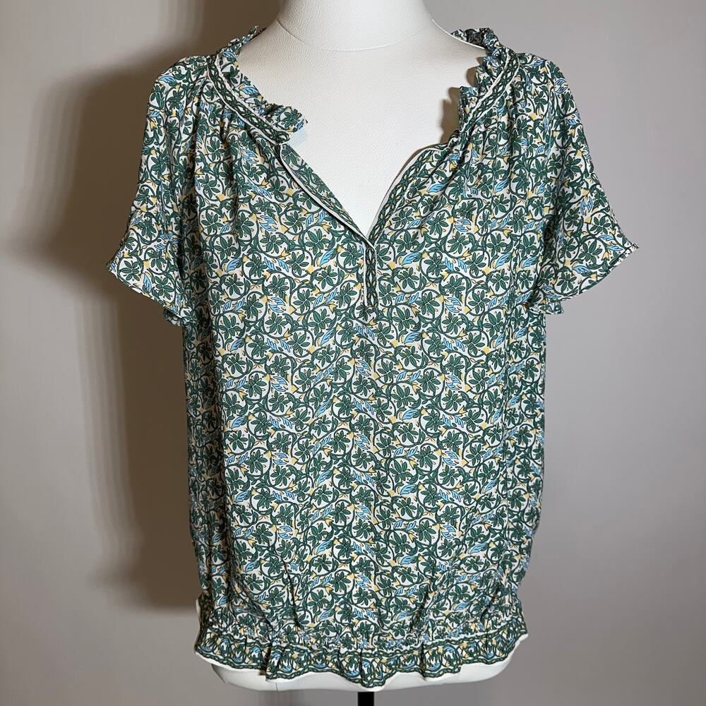 NWT Max Studio Green Floral Split Neck Flutter Sleeve Blouse Womens Size Small S